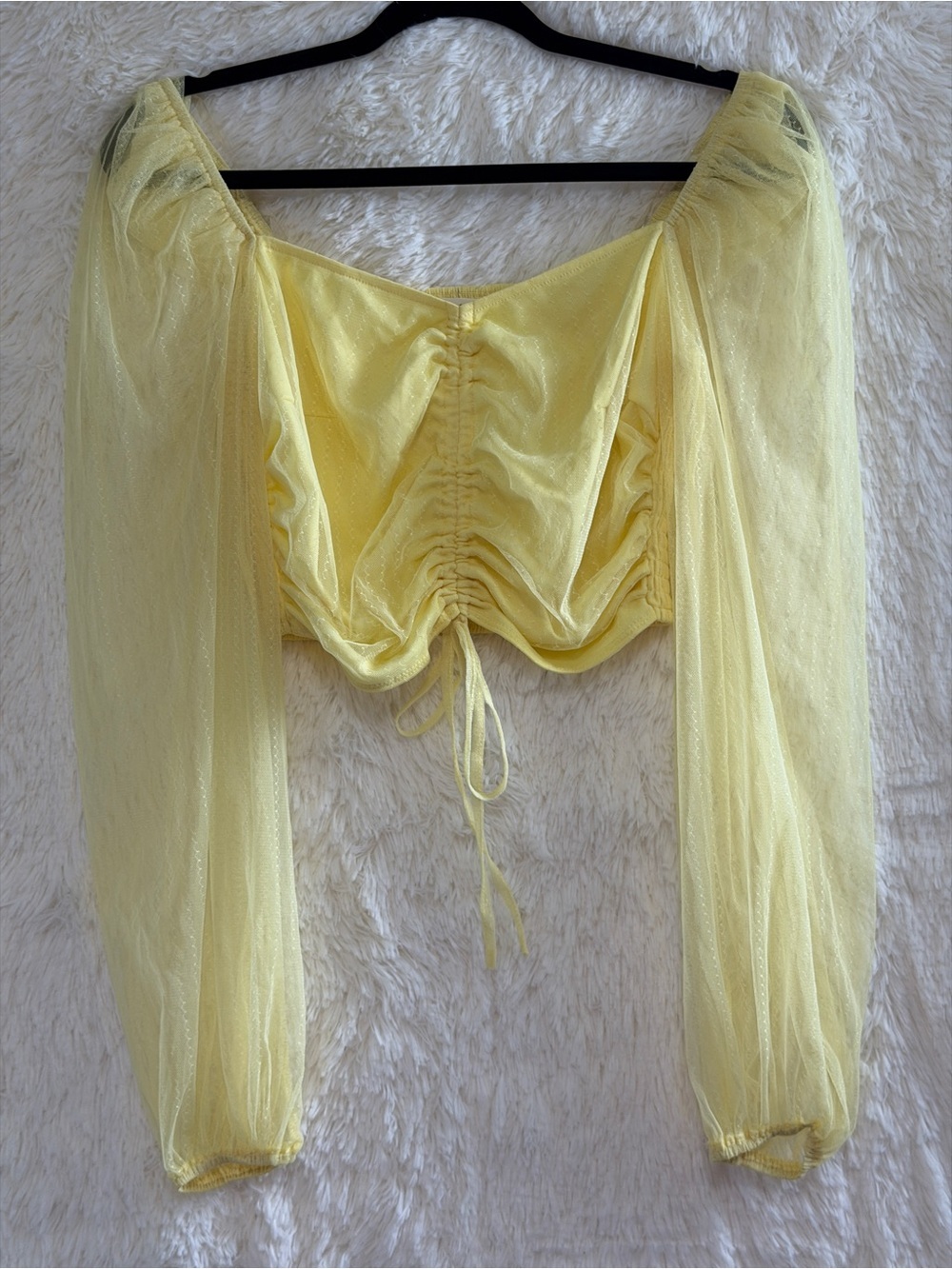 Privy Womens Fairy Long Mesh Puff Sleeve Smocked Crop Top Size M Yellow Cinch